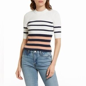 Frame Women's Ribbed Striped Round‎ Neck Short Sleeve Knit Top White Size M